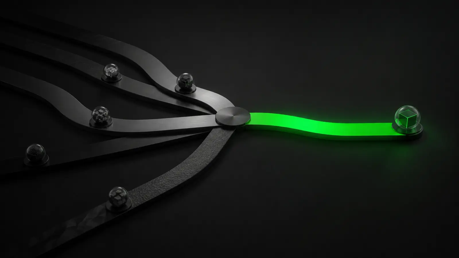 Several paths converge into one electric-green route, representing how a UAE business chooses its first AI use case.