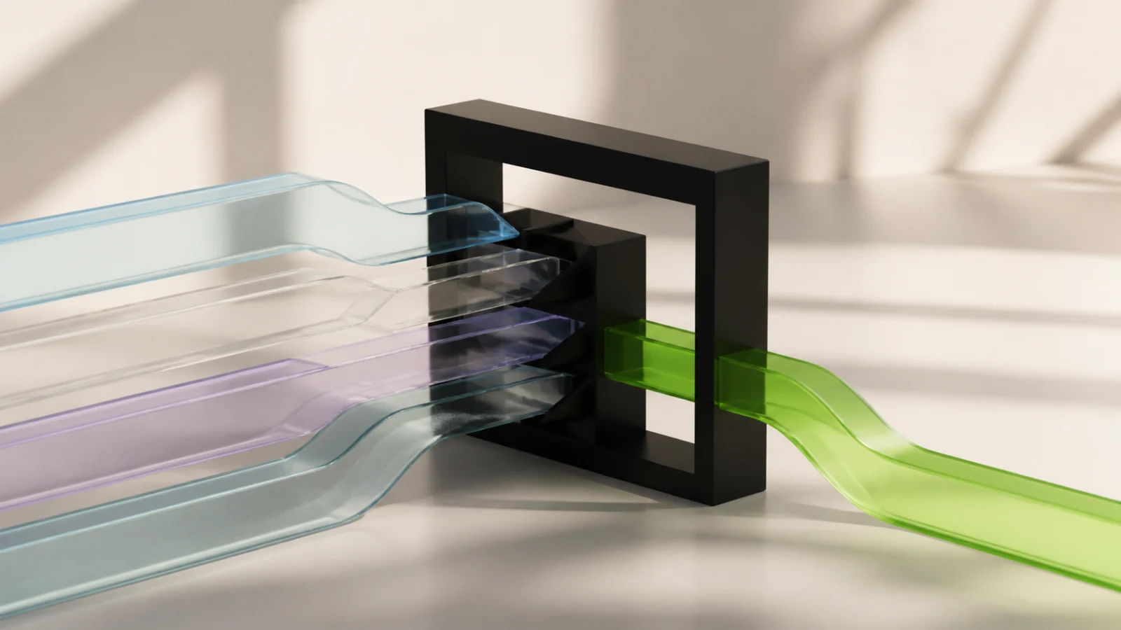 Four translucent AI solution routes converge through a black decision frame, with one green path continuing forward.